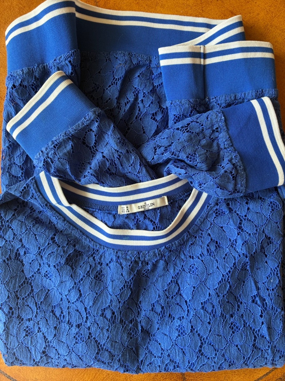 Grifflin Blue Lace Long-Sleeve Top with Stripe Trim